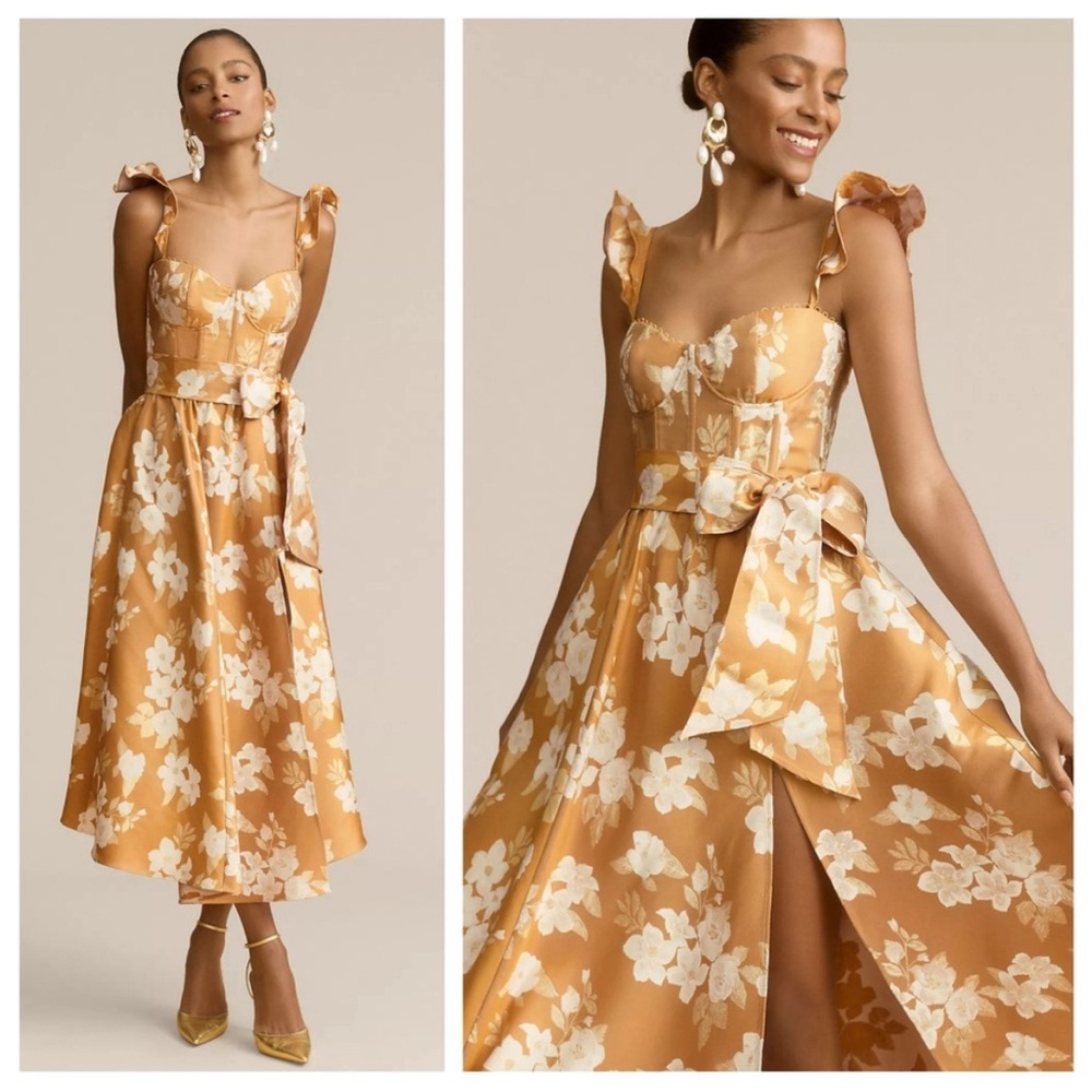 NWT V. Chapman Vera Ruffle Strap Corset Side Slit Midi Dress Gold Floral Sz‎ 14